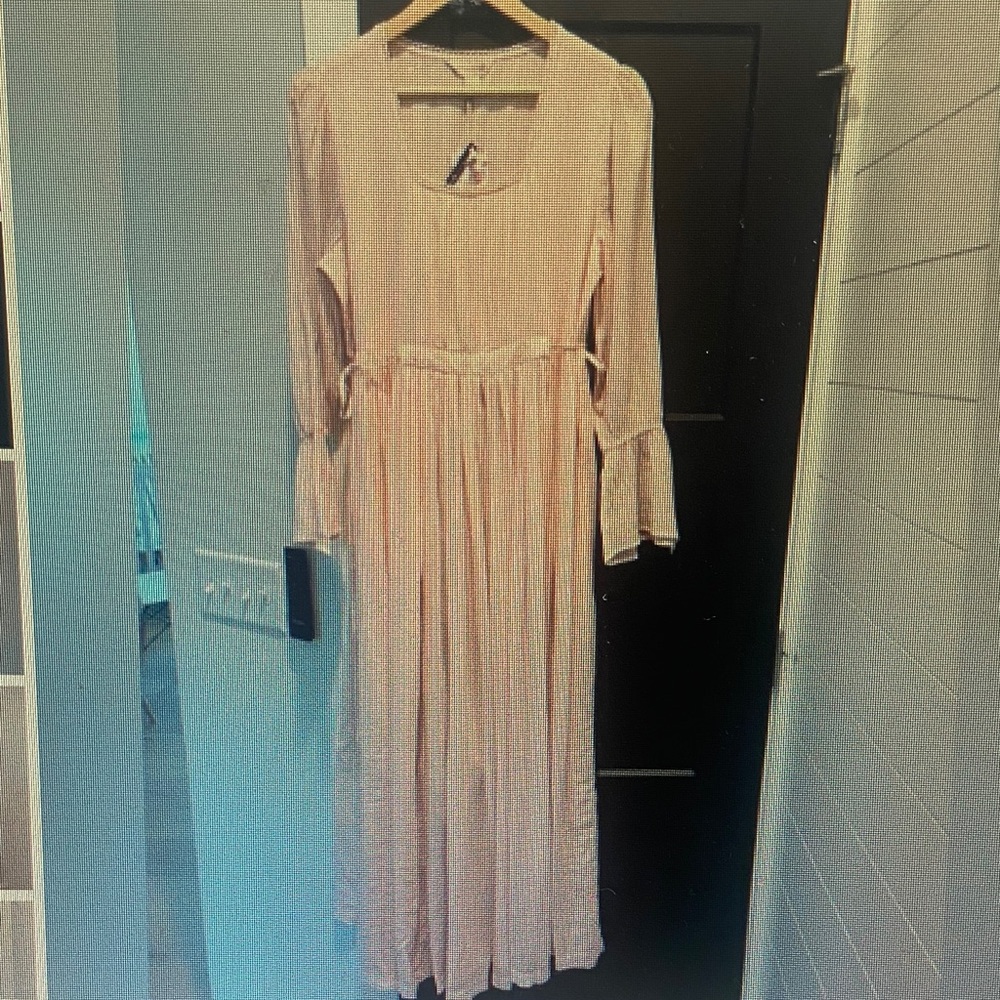 April Cornell pink cotton long bell sleeve Dress Small NEW maxi midi cinch tie